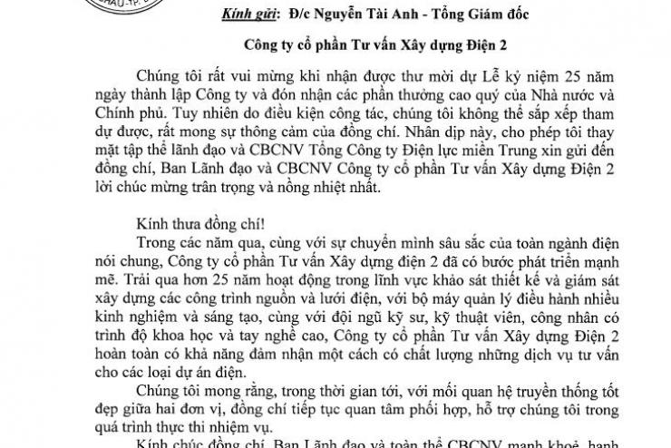 Thư chúc mừng của Tổng công ty Điện lực miền Trung